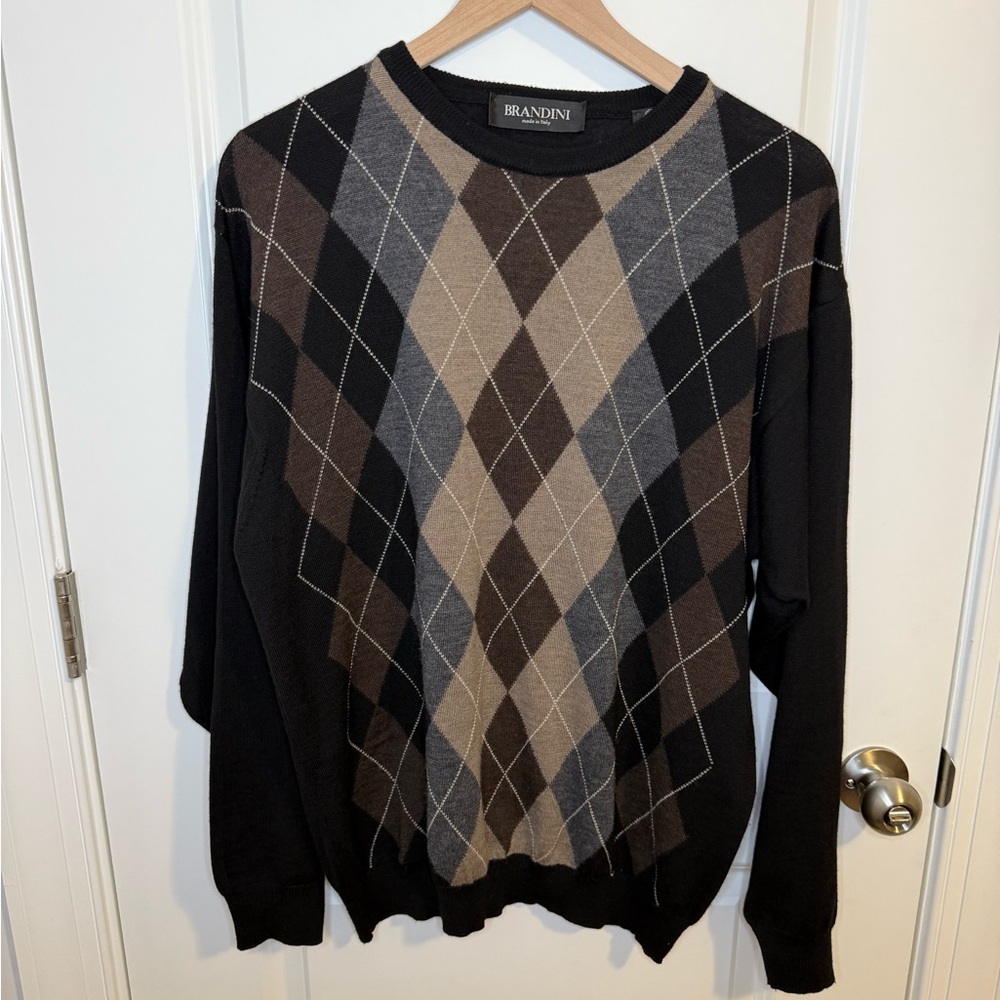 Vintage Brandini Sweater Mens Large Black Argyle 100% Merino Wool Pullover 90’s